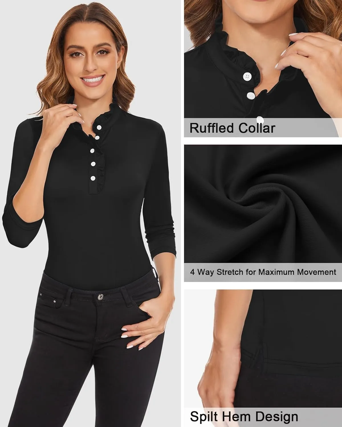 Soneven Womens 3/4 Sleeve Golf Shirts Ruffle Henley Collared Button Down Shirt Work Blouse