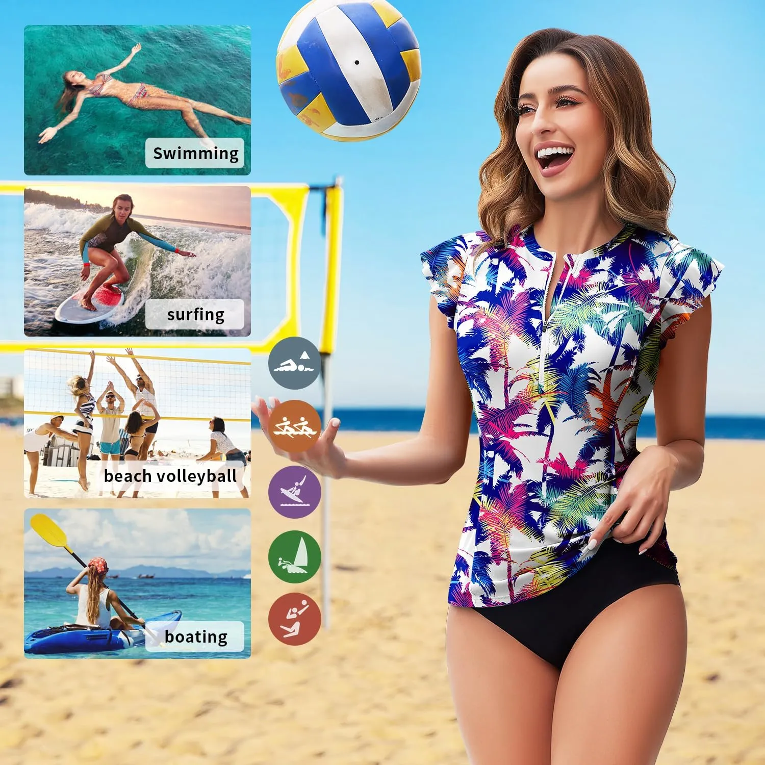 Soneven Women's Swim Shirt UPF 50  Ruffle Sleeve Rash Guard UV Sun Protection Swimsuit Top Bathing Suit No Bottom