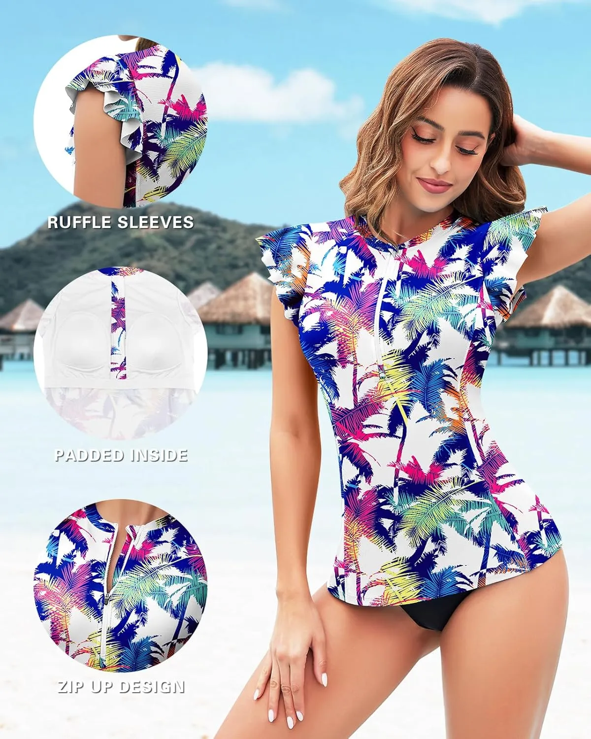 Soneven Women's Swim Shirt UPF 50  Ruffle Sleeve Rash Guard UV Sun Protection Swimsuit Top Bathing Suit No Bottom