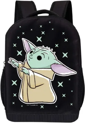 STAR WARS BLACK MANDALORIAN BACKPACK 18 INCH AIR MESH PADDED BAG (The Child and Stars)