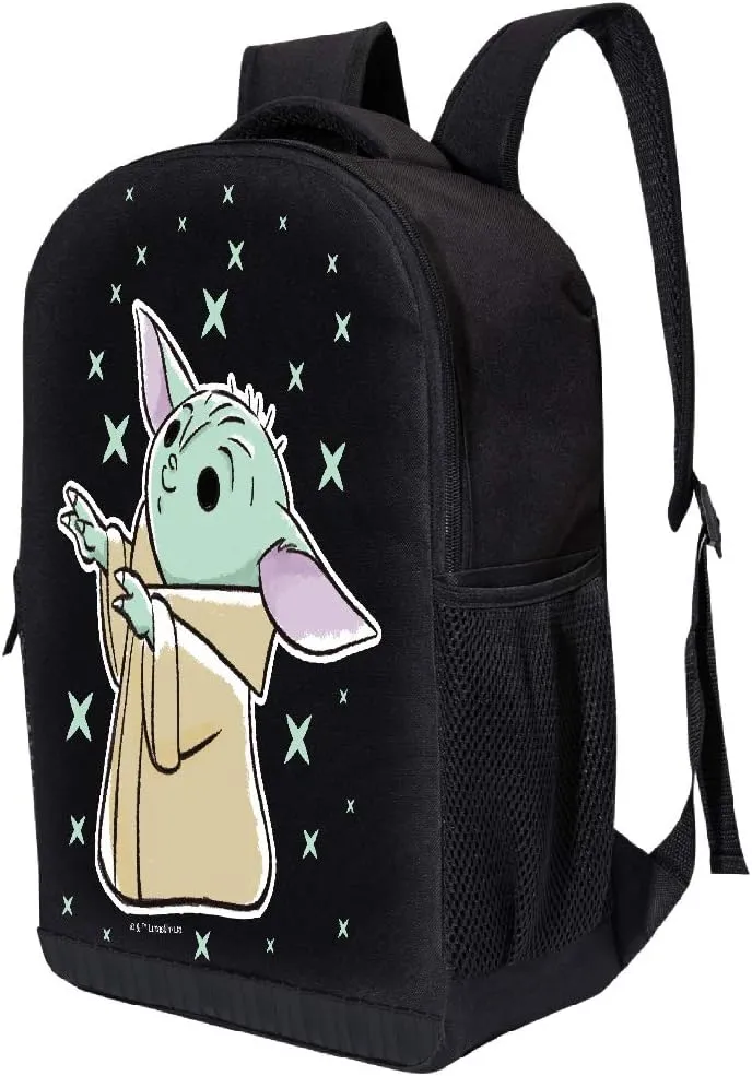 STAR WARS BLACK MANDALORIAN BACKPACK 18 INCH AIR MESH PADDED BAG (The Child and Stars)