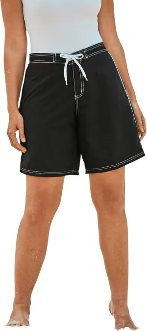 Swim 365 Women's Plus Size Contrast-Trim Long Boardshort - 30, Black