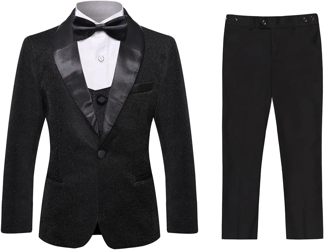 SWOTGdoby Boys Gold Tuxedo Suit Shiny Festive Dress 3 Pieces Blazer Pants Vest for Wedding
