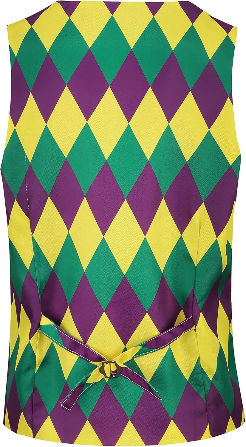 TOONRAIN Mens Suit Vest Mardi Gras Vest For Men Festive Adult Costume Waistcoat Ties Set