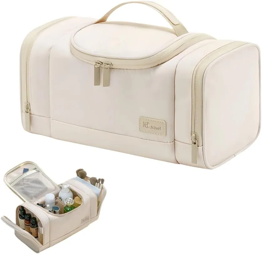 Travel Makeup Bag, Tri-Sectional Waterproof Toiletry Bag Large Capacity Cosmetic Bag Simplistic with Handles, Makeup Organizer (White)