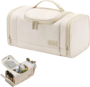 Travel Makeup Bag, Tri-Sectional Waterproof Toiletry Bag Large Capacity Cosmetic Bag Simplistic with Handles, Makeup Organizer (White)