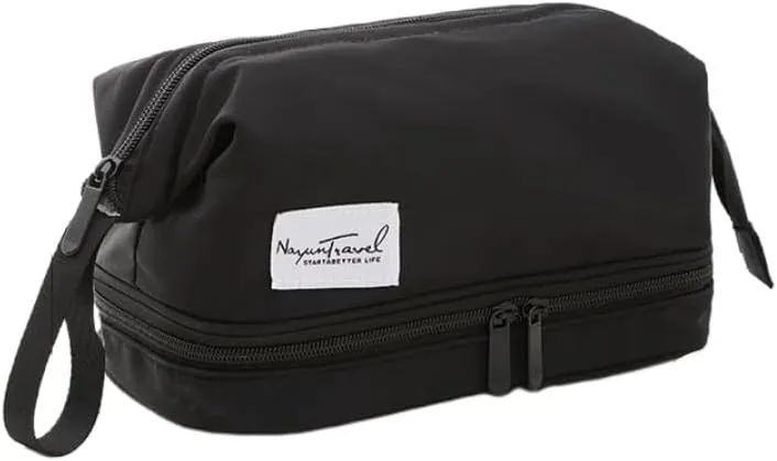 Travel Makeup Bag, Waterproof Toiletry Bag Large Capacity Cosmetic Bag with Handles Dividers, Makeup Organizer Pouch (Black)