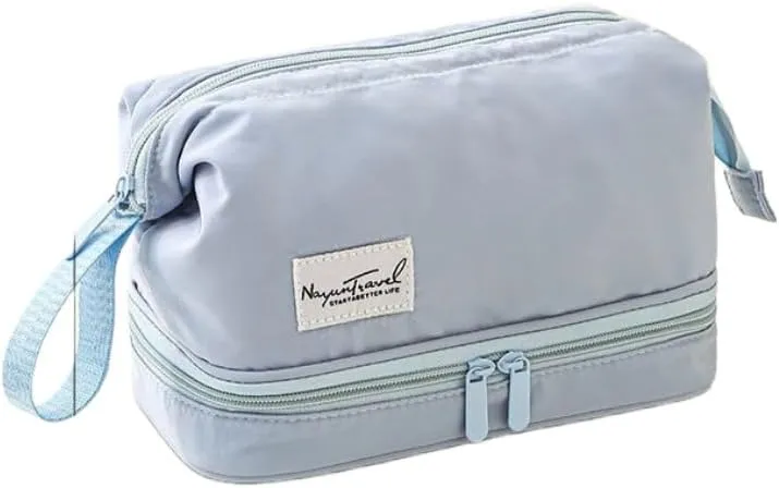 Travel Makeup Bag, Waterproof Toiletry Bag Large Capacity Cosmetic Bag with Handles Dividers, Makeup Organizer Pouch (Blue)