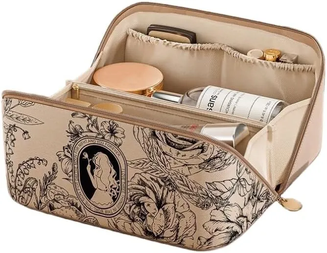 Travel Makeup Bag, Waterproof Toiletry Bag Large Capacity Cosmetic Bag with Handles Dividers, Makeup Organizer Pouch (Brown)