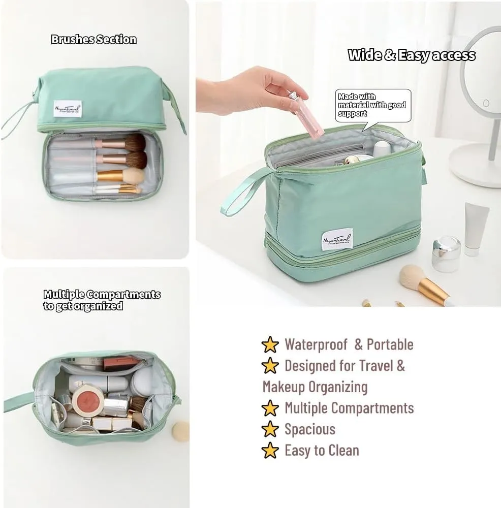 Travel Makeup Bag, Waterproof Toiletry Bag Large Capacity Cosmetic Bag with Handles Dividers, Makeup Organizer Pouch (Green)