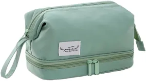 Travel Makeup Bag, Waterproof Toiletry Bag Large Capacity Cosmetic Bag with Handles Dividers, Makeup Organizer Pouch (Green)