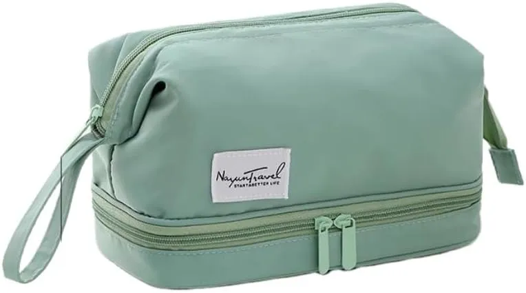 Travel Makeup Bag, Waterproof Toiletry Bag Large Capacity Cosmetic Bag with Handles Dividers, Makeup Organizer Pouch (Green)