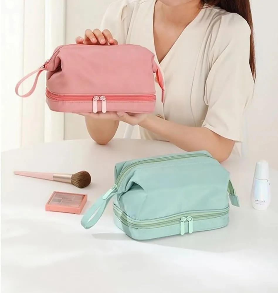 Travel Makeup Bag, Waterproof Toiletry Bag Large Capacity Cosmetic Bag with Handles Dividers, Makeup Organizer Pouch (Green)