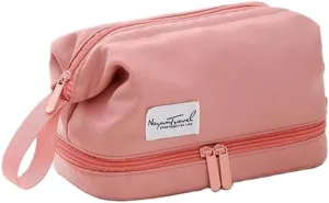 Travel Makeup Bag, Waterproof Toiletry Bag Large Capacity Cosmetic Bag with Handles Dividers, Makeup Organizer Pouch (Pink)