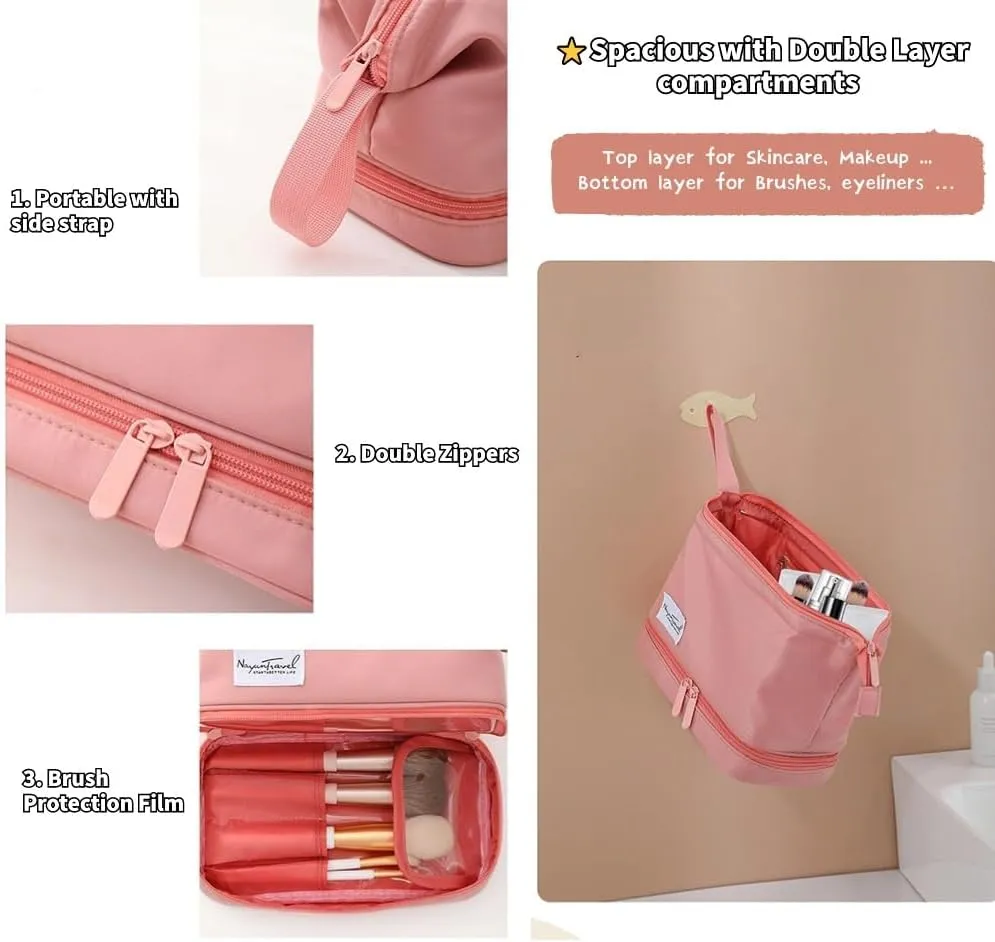 Travel Makeup Bag, Waterproof Toiletry Bag Large Capacity Cosmetic Bag with Handles Dividers, Makeup Organizer Pouch (Pink)