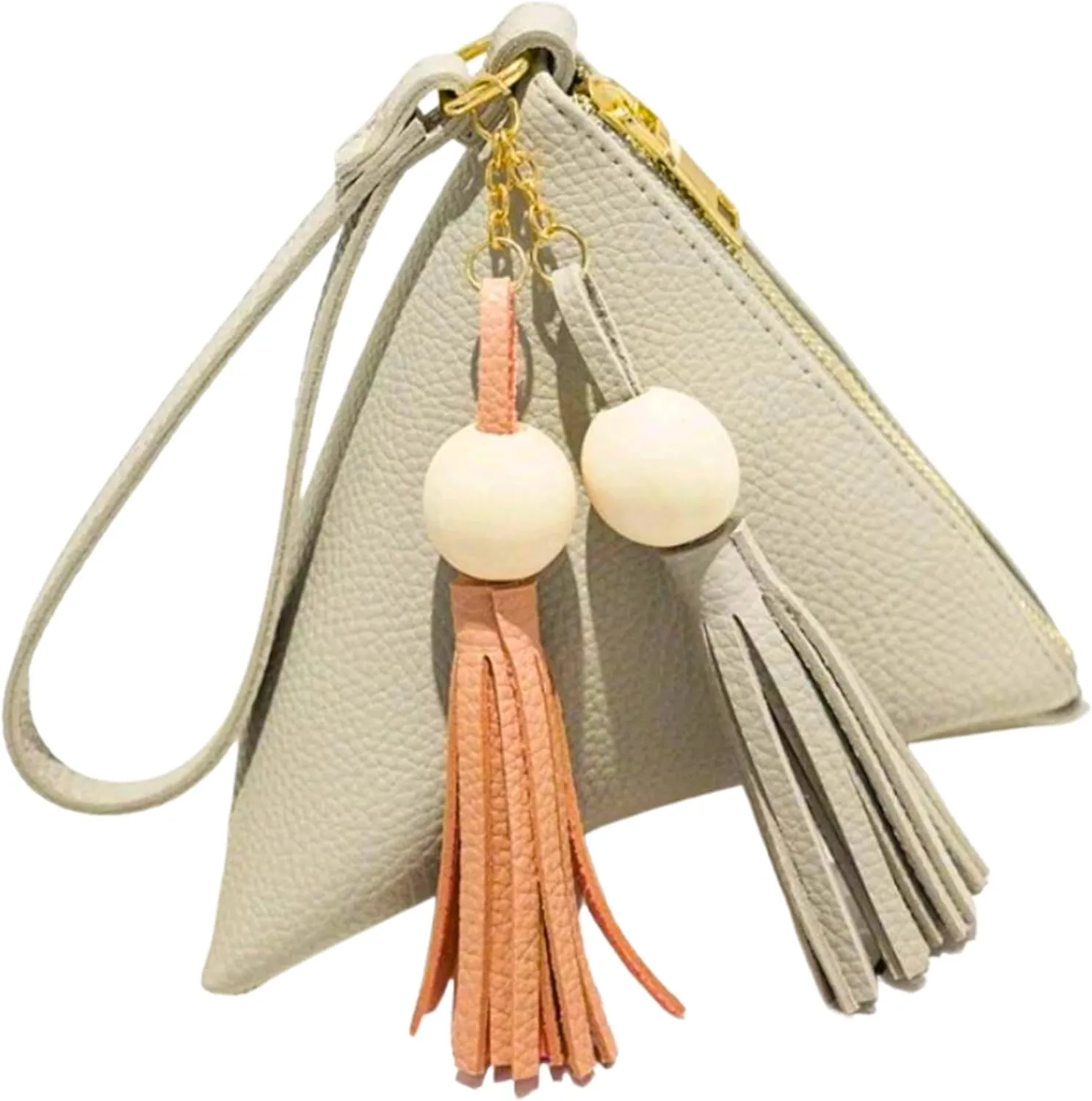Triangle Clutch Purse Wristlet Handbag Wrist Strap Pyramid Pouch Wallet Tassel Charm Handbag for Women Teen PU Leather (Grey)