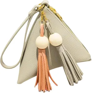 Triangle Clutch Purse Wristlet Handbag Wrist Strap Pyramid Pouch Wallet Tassel Charm Handbag for Women Teen PU Leather (Grey)