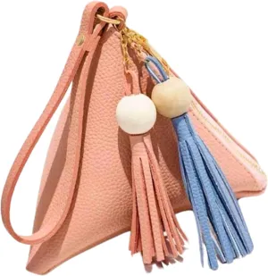 Triangle Clutch Purse Wristlet Handbag Wrist Strap Pyramid Pouch Wallet Tassel Charm Handbag for Women Teen PU Leather (Pink)