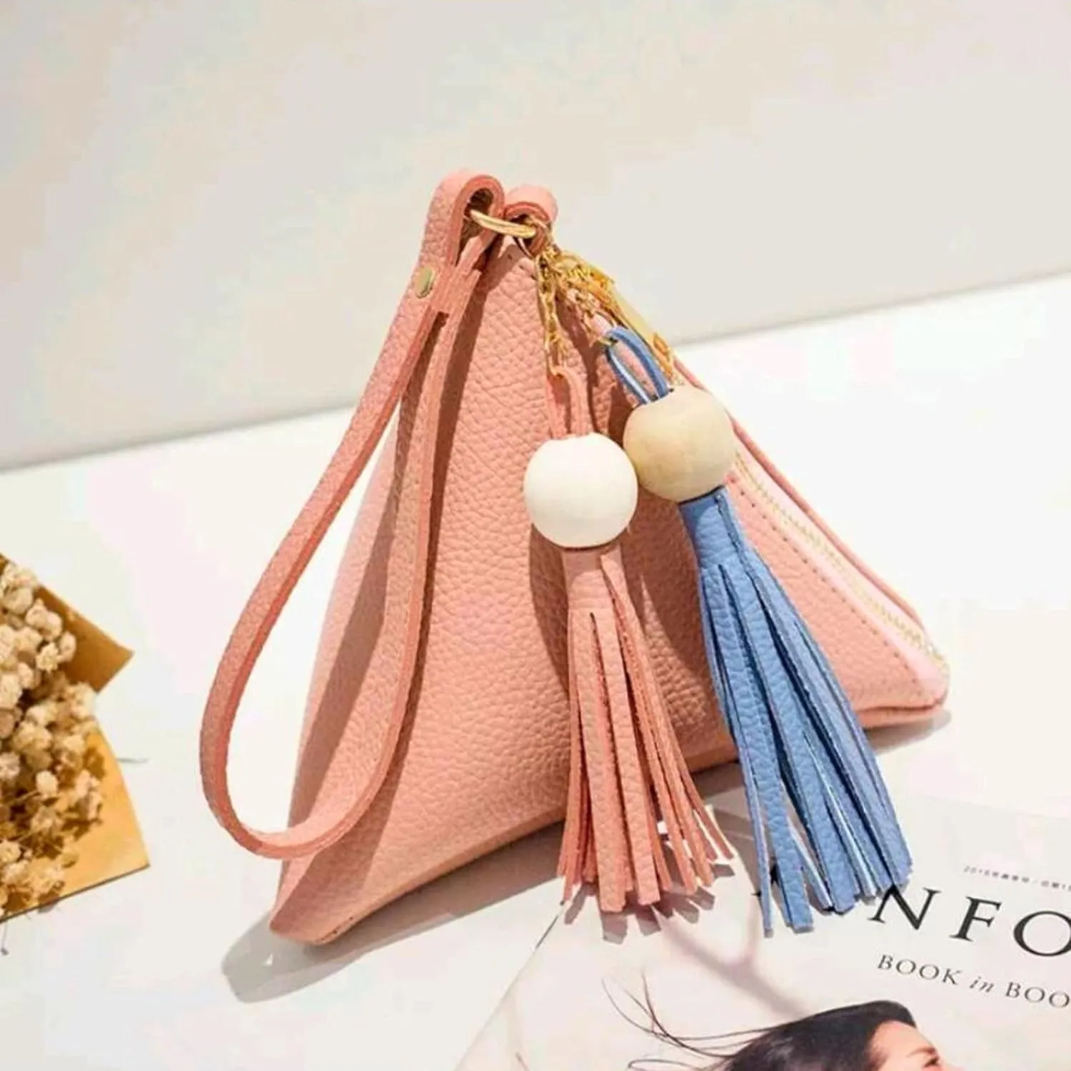 Triangle Clutch Purse Wristlet Handbag Wrist Strap Pyramid Pouch Wallet Tassel Charm Handbag for Women Teen PU Leather (Pink)
