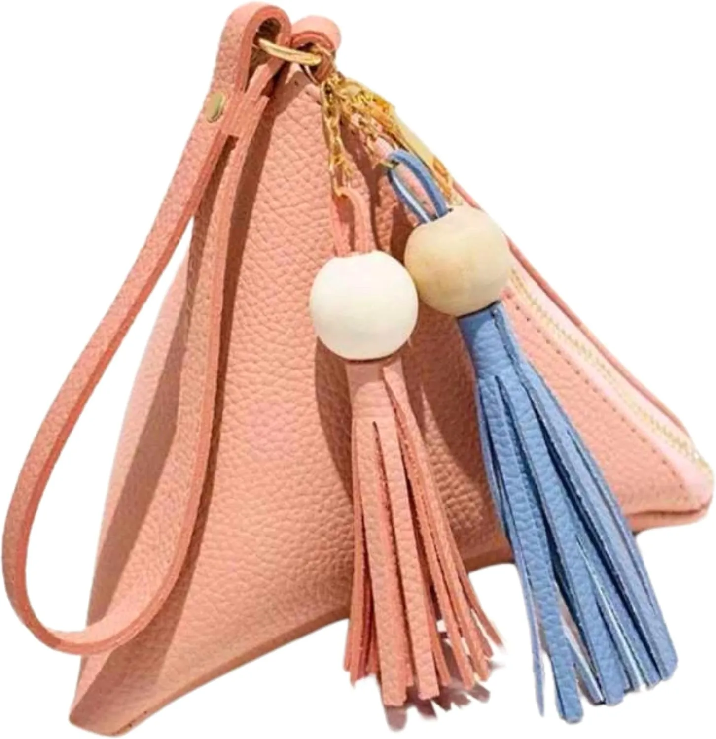Triangle Clutch Purse Wristlet Handbag Wrist Strap Pyramid Pouch Wallet Tassel Charm Handbag for Women Teen PU Leather (Pink)
