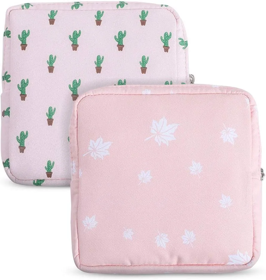 Tuciyke Sanitary Napkin Storage Bag,2pcs Cotton Cloth Portable Sanitary Storage bag with Zipper 5x5 inches First Period Bag for Girls/Ladies/Women(Cactus)