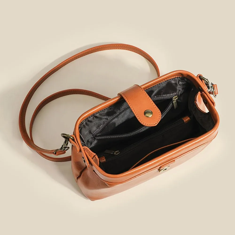 Unique Opening Women Shoulder Purses, PU Leather Small Crossbody Bag, Vintage Doctor Bag for Women