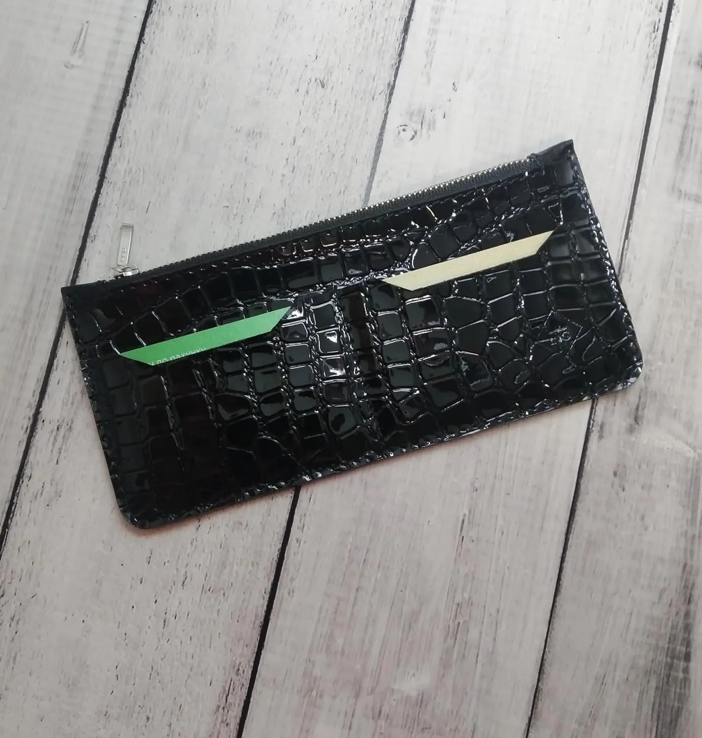 Unique Patent Slim Leather Wallet for women | Crocodile wallet | Gift For Her | Handmade wallet (Black)