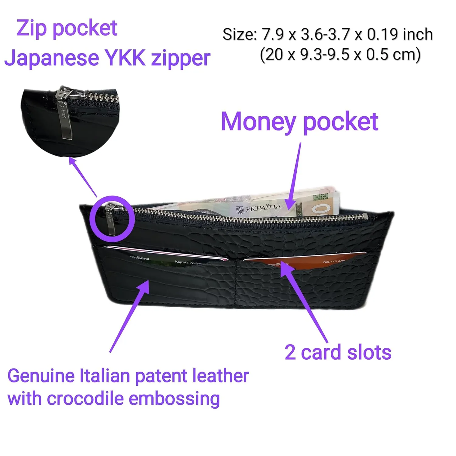 Unique Patent Slim Leather Wallet for women | Crocodile wallet | Gift For Her | Handmade wallet (Black)