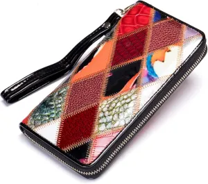Wallets for Women Large Capacity Genuine Leather, Zip Around Wallets for Women with Wristlet, Long Stitching Wallet, One Color, One Size