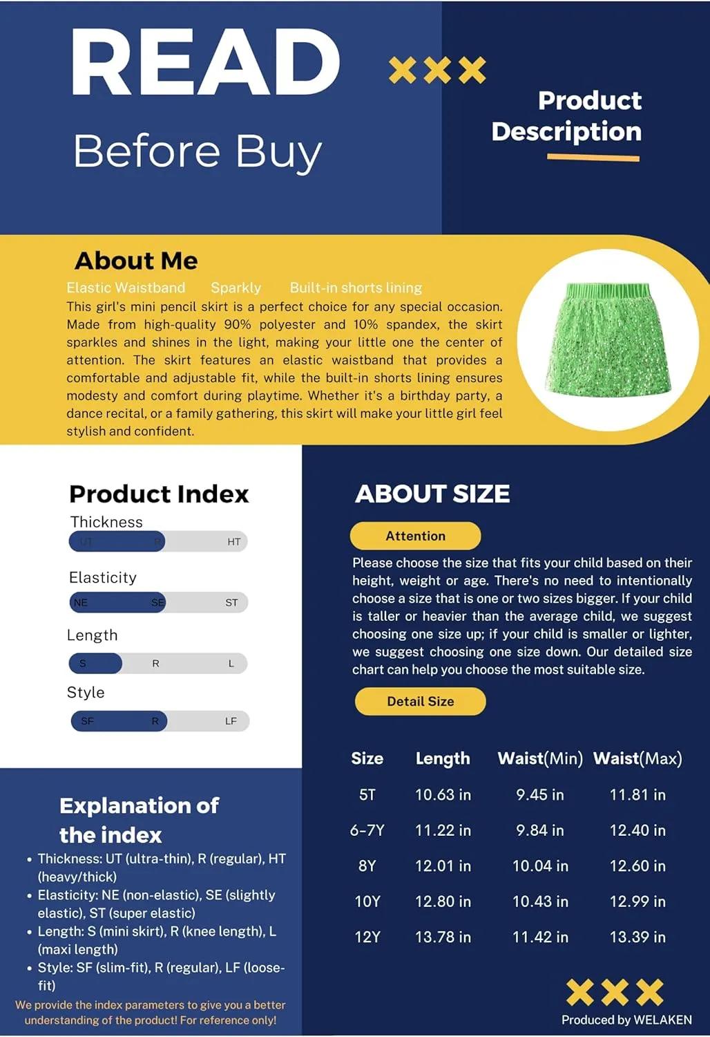 WELAKEN Sparkly Sequin Skirt for Girls Toddler & Kids Elastic Waistband Skirts with Lining