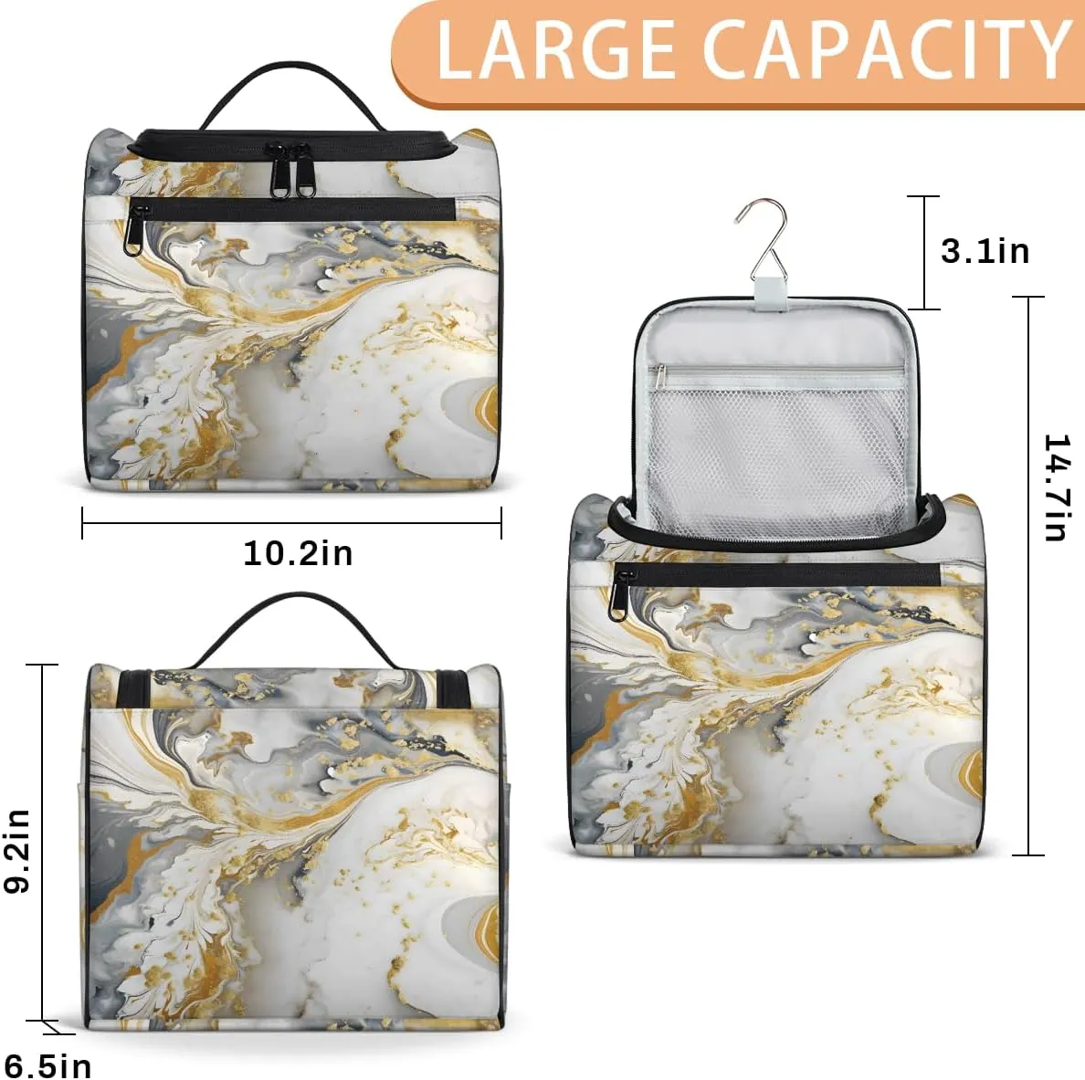 White And Gold Marble Travel Toiletry Bag for Men and Women, Large Hanging Makeup Bag Organizer Toiletries Bag for Travel, Cosmetic Bag with Handle