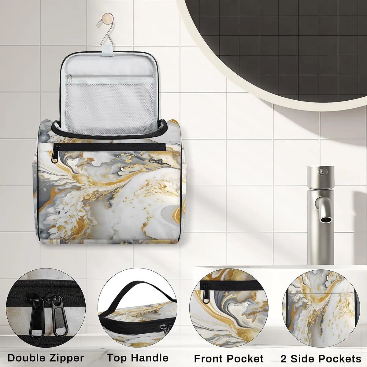 White And Gold Marble Travel Toiletry Bag for Men and Women, Large Hanging Makeup Bag Organizer Toiletries Bag for Travel, Cosmetic Bag with Handle