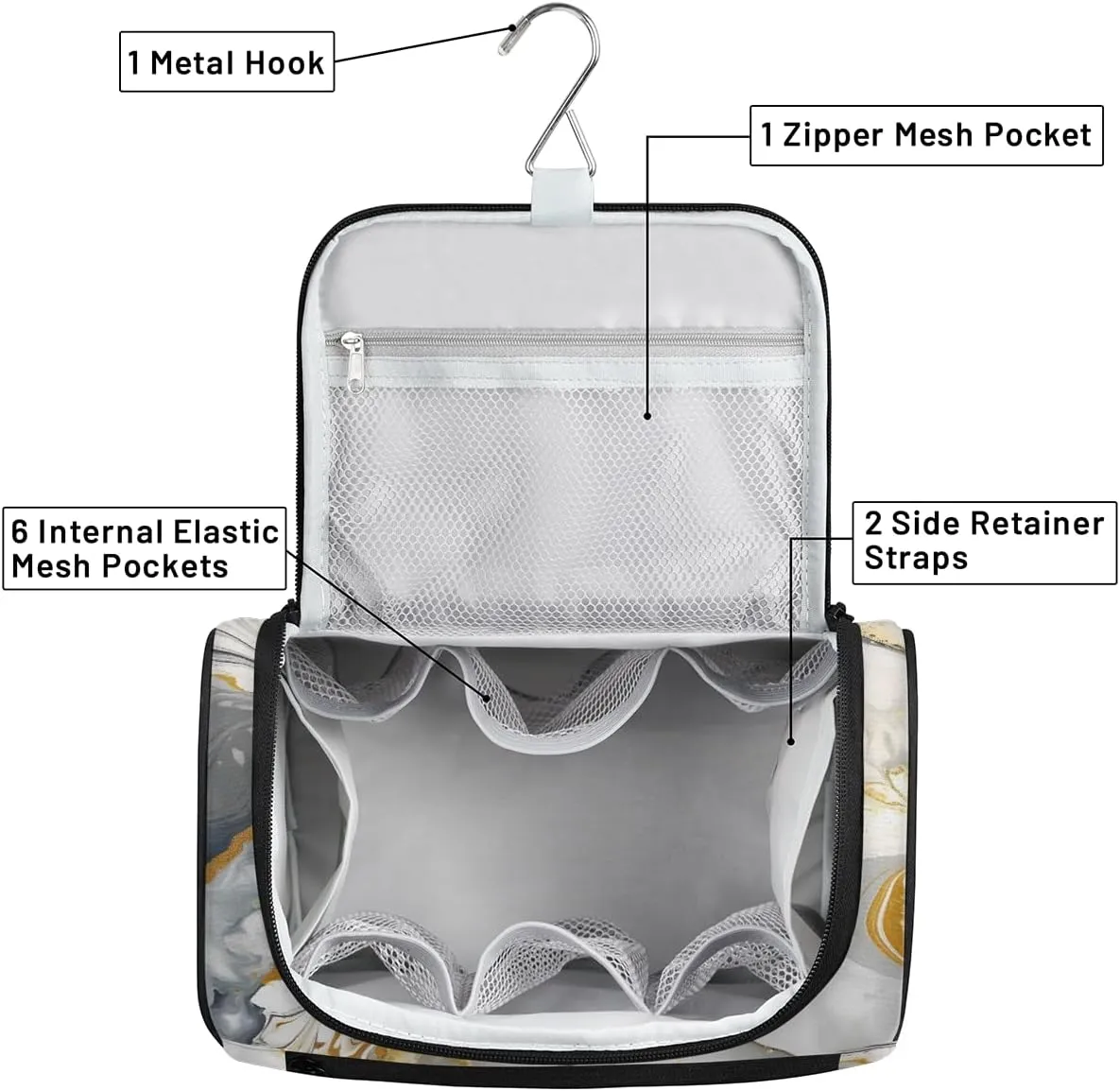 White And Gold Marble Travel Toiletry Bag for Men and Women, Large Hanging Makeup Bag Organizer Toiletries Bag for Travel, Cosmetic Bag with Handle