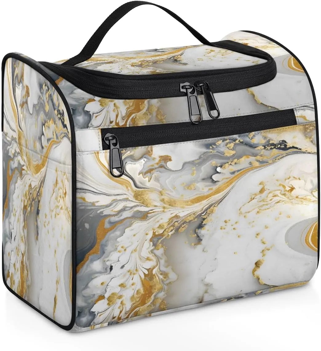 White And Gold Marble Travel Toiletry Bag for Men and Women, Large Hanging Makeup Bag Organizer Toiletries Bag for Travel, Cosmetic Bag with Handle