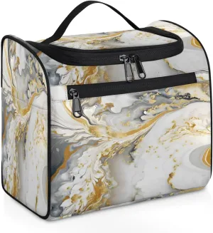 White And Gold Marble Travel Toiletry Bag for Men and Women, Large Hanging Makeup Bag Organizer Toiletries Bag for Travel, Cosmetic Bag with Handle
