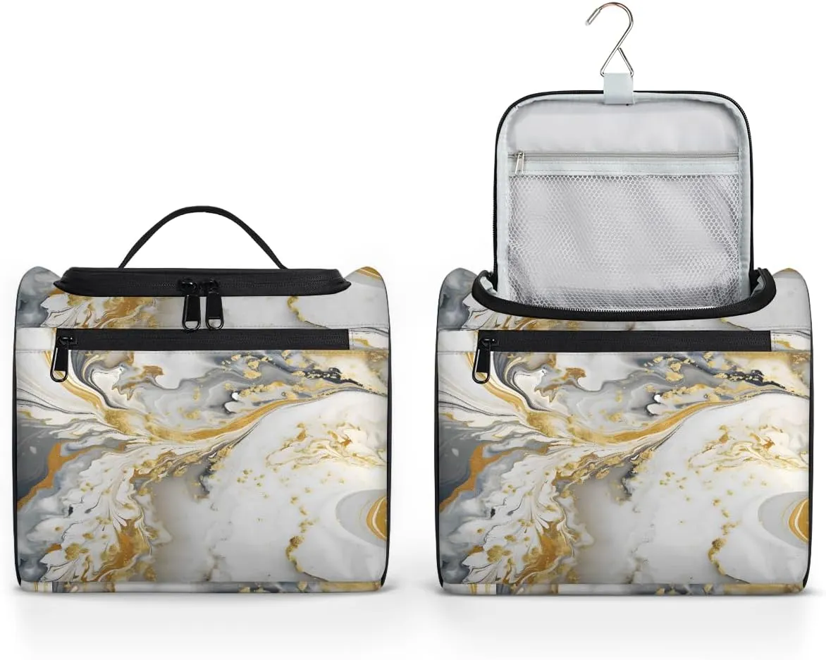 White And Gold Marble Travel Toiletry Bag for Men and Women, Large Hanging Makeup Bag Organizer Toiletries Bag for Travel, Cosmetic Bag with Handle