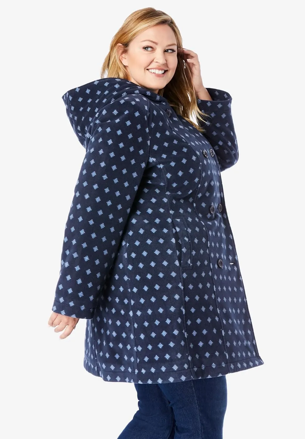Woman Within Plus Size Double-Breasted Hooded Fleece Peacoat