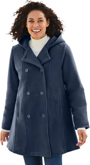 Woman Within Plus Size Double-Breasted Hooded Fleece Peacoat
