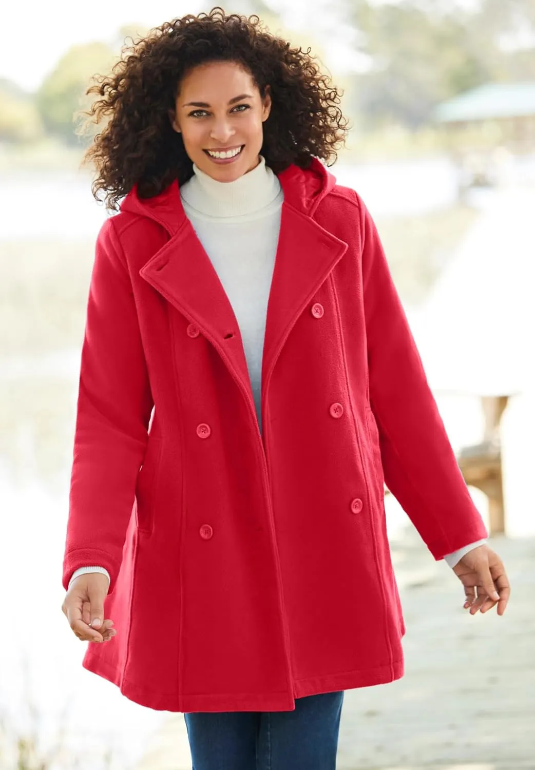 Woman Within Plus Size Double-Breasted Hooded Fleece Peacoat