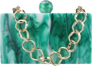 Women Acrylic Clutch Purses Unique Square Shape Marbling Evening Handbag Top Chain Handle for Party Cocktail Banquet