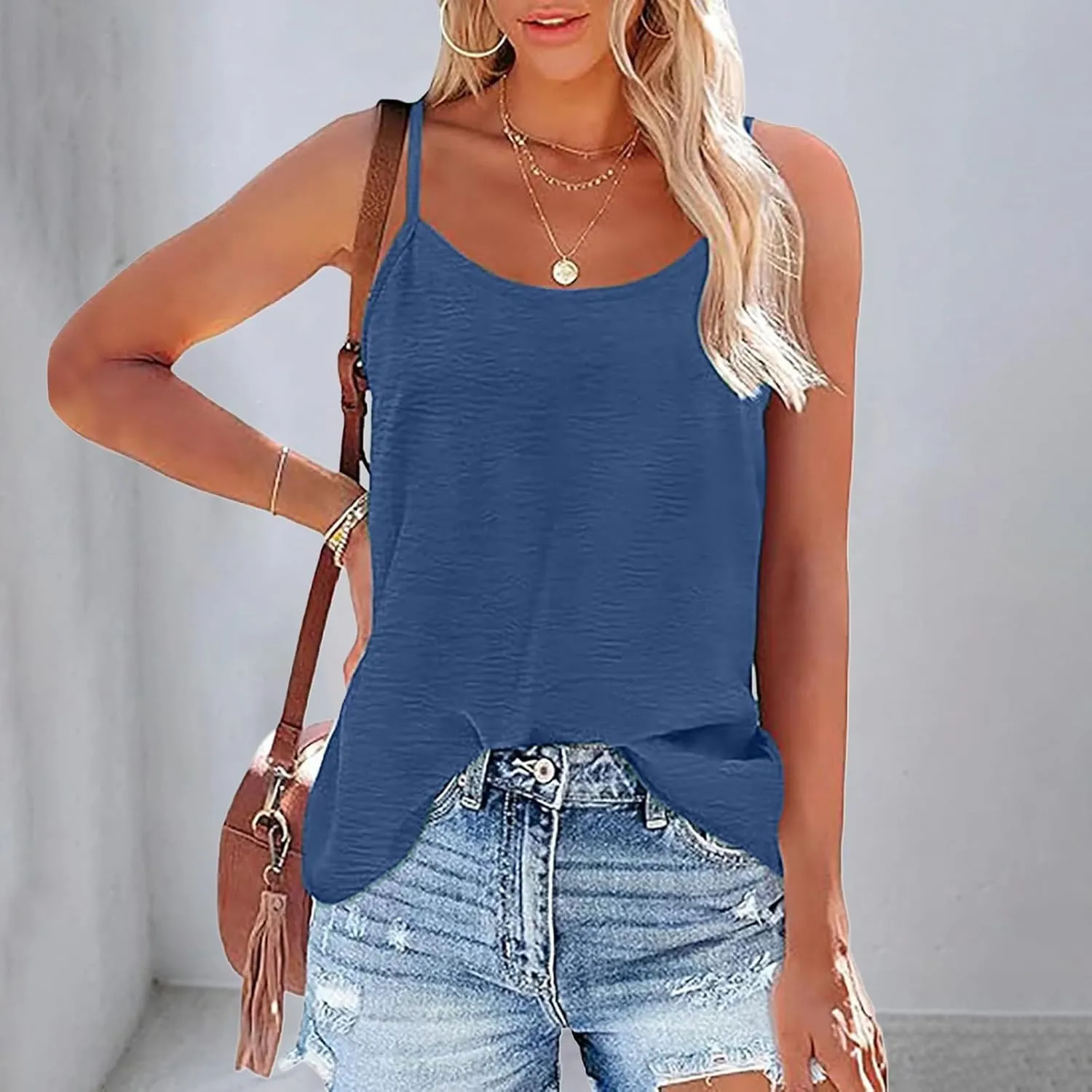 Women Basic Solid Color Crew Neck Camisole Adjustable Spaghetti Strap Ice Silk Wrinkled Backless Loose Tank Top