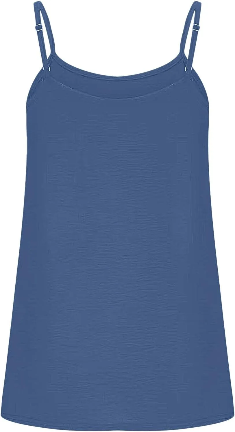 Women Basic Solid Color Crew Neck Camisole Adjustable Spaghetti Strap Ice Silk Wrinkled Backless Loose Tank Top