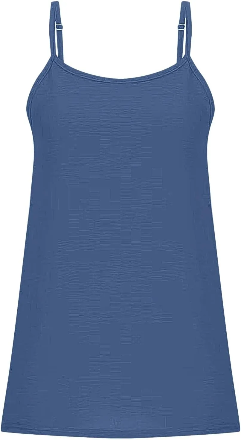 Women Basic Solid Color Crew Neck Camisole Adjustable Spaghetti Strap Ice Silk Wrinkled Backless Loose Tank Top