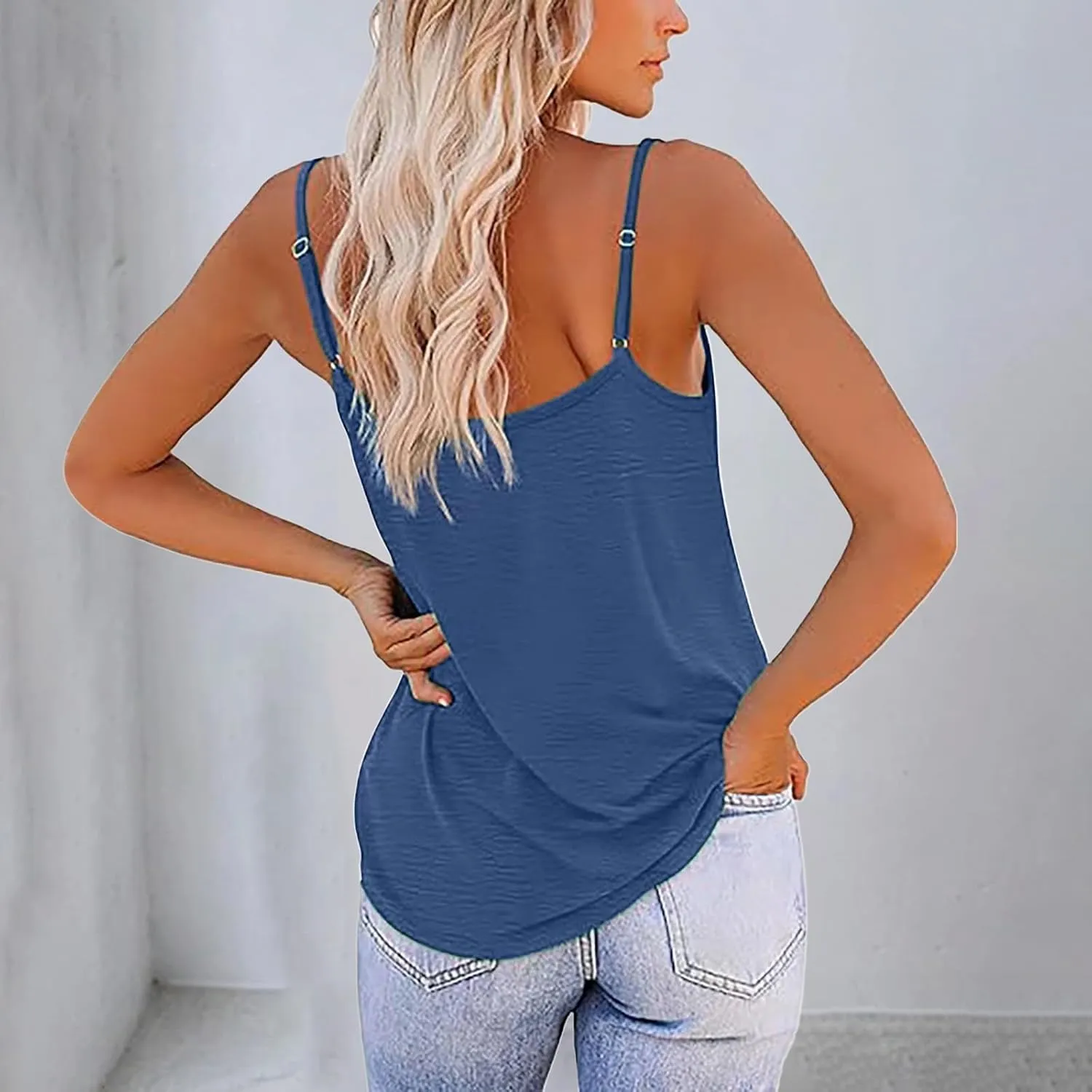 Women Basic Solid Color Crew Neck Camisole Adjustable Spaghetti Strap Ice Silk Wrinkled Backless Loose Tank Top