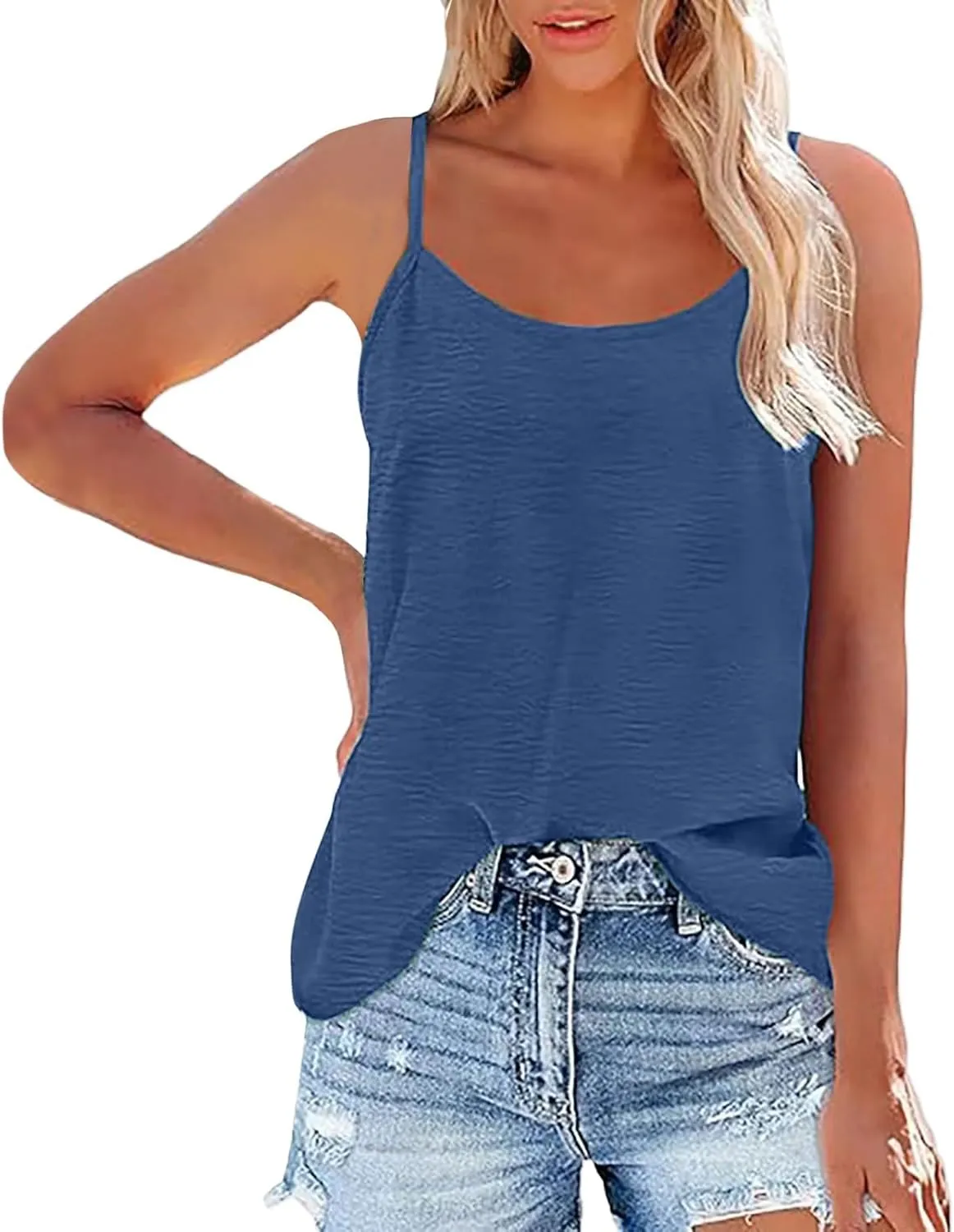 Women Basic Solid Color Crew Neck Camisole Adjustable Spaghetti Strap Ice Silk Wrinkled Backless Loose Tank Top