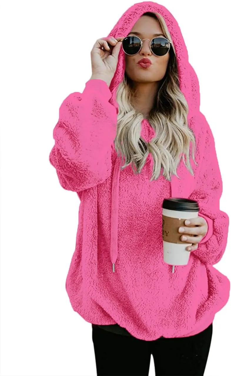 Women Casual Double Fuzzy Sweatshirt Faux Fleece Zip Pullover Hoodies Coat Outwear S-XXL