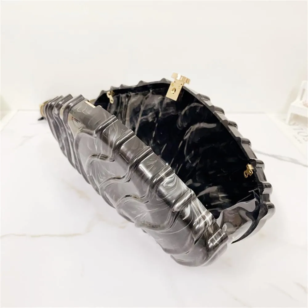 Women Shell Shape Acrylic Evening Clutch Purse Unique Stripe Marble Handbag for Party Cocktail Wedding