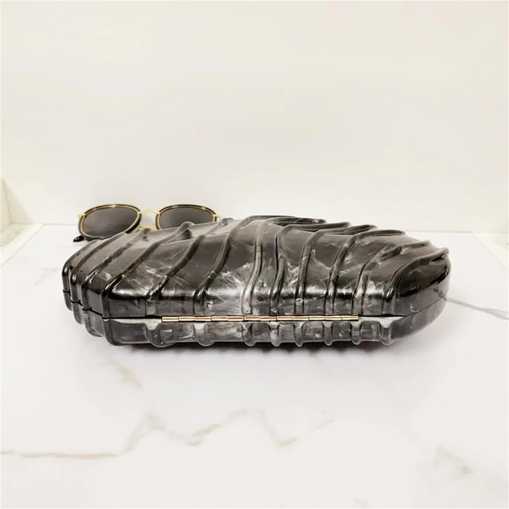 Women Shell Shape Acrylic Evening Clutch Purse Unique Stripe Marble Handbag for Party Cocktail Wedding