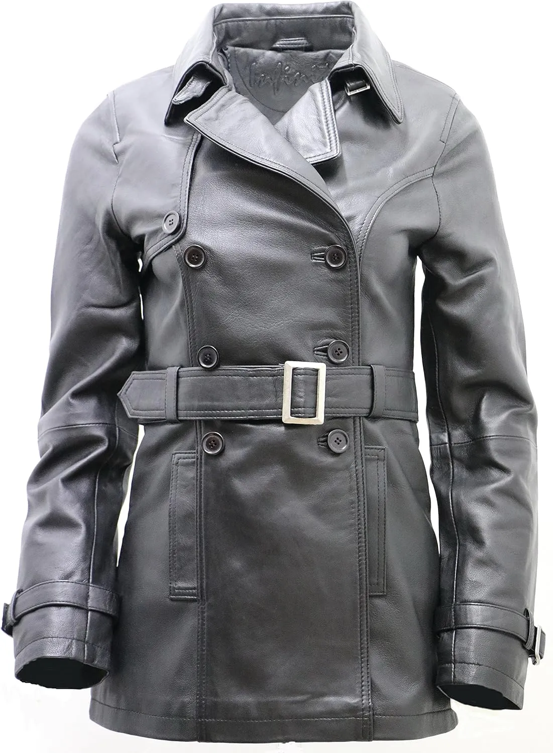 Women's 3/4 Black Ladies Lamb Nappa Leather Trench Coat