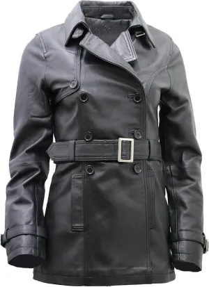Women's 3/4 Black Ladies Lamb Nappa Leather Trench Coat